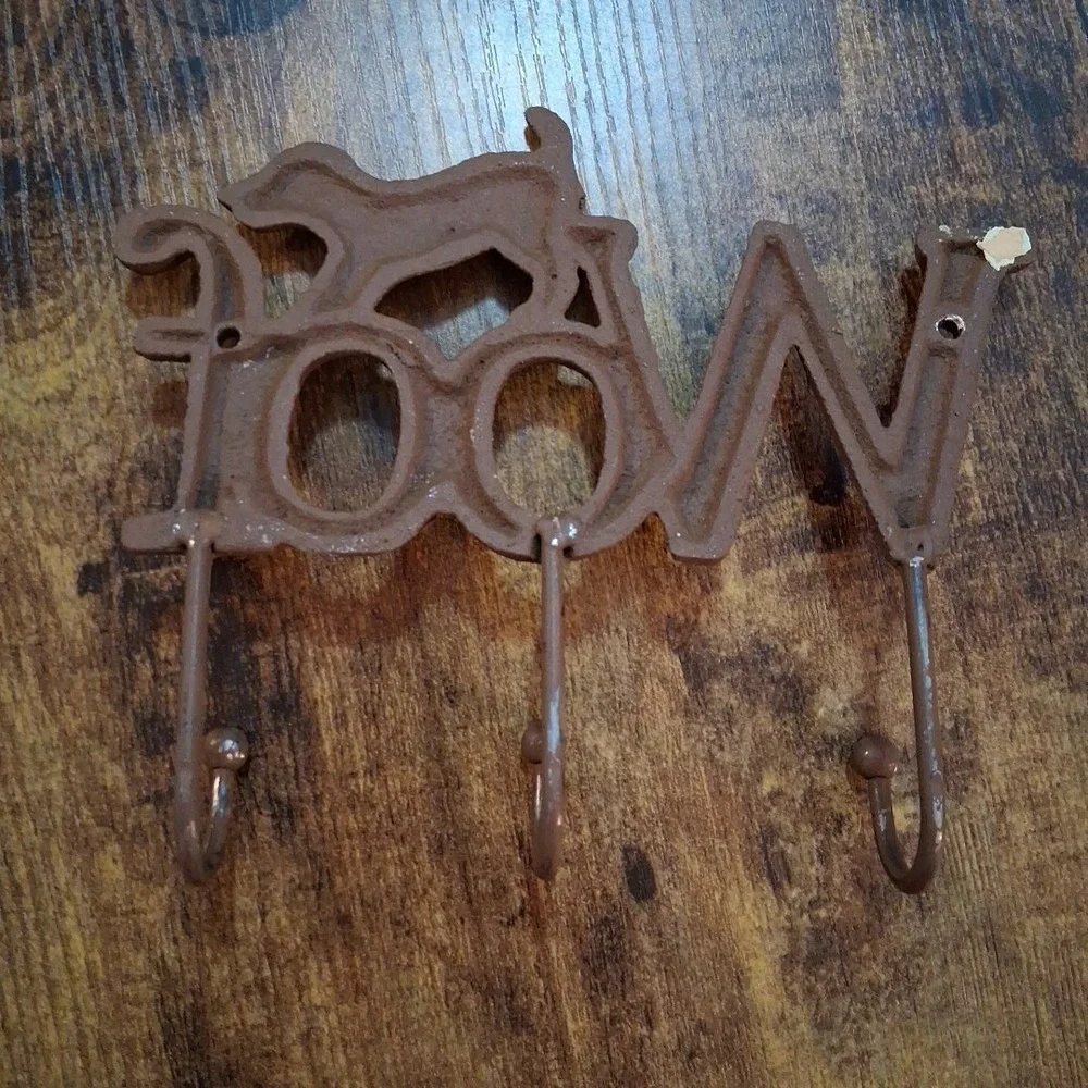 Woof Dog Cast Iron 3-Hook Leash Bag Purse Coat Wall Hanger Rustic Brown 7.5